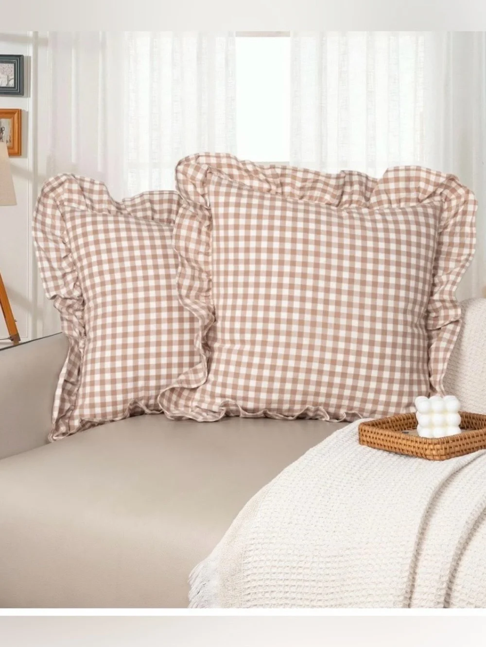 Farmhouse Gingham Ruffle Pillow Shams 100% Cotton SQUARE 18x18” (2-Pack)